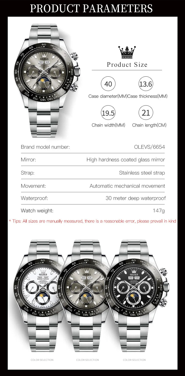 OLEVS 6654 Luxury Men's Automatic Mechanical Watch Original Stainless Steel Waterproof Moon Phase Chronograph Brand Men Watch