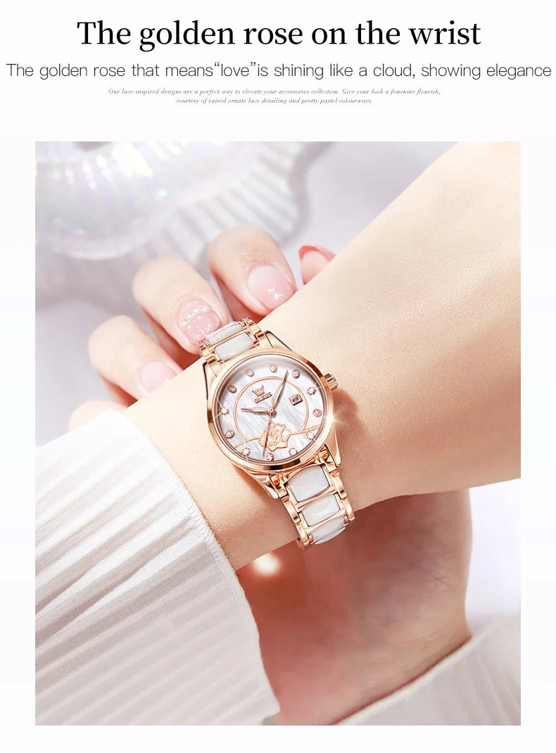 OLEVS Quartz Watch Women Japan Movement Waterproof Stainless Steel Ceramics Women Wristwatch Luxury Ladies watch Set Hot