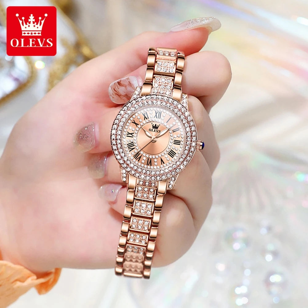 OLEVS Quartz Women's Watch Fashionable Retro Roman Scale Inlaid Diamond Waterproof dial Luxury Exquisite Elegant Women's Watch