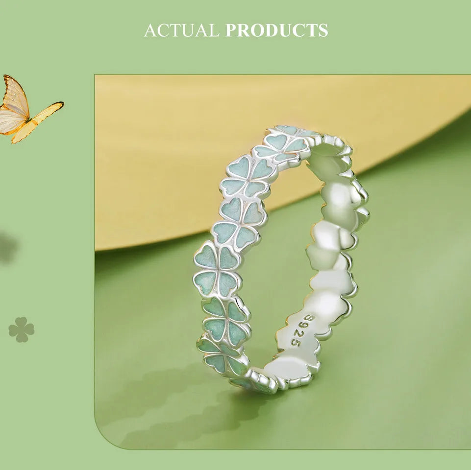 Bamoer 925 Sterling Silver Four-Leaf Clover Ring Mint Green Leaves Vine Ring Fine Jewelry Gift for Women Party