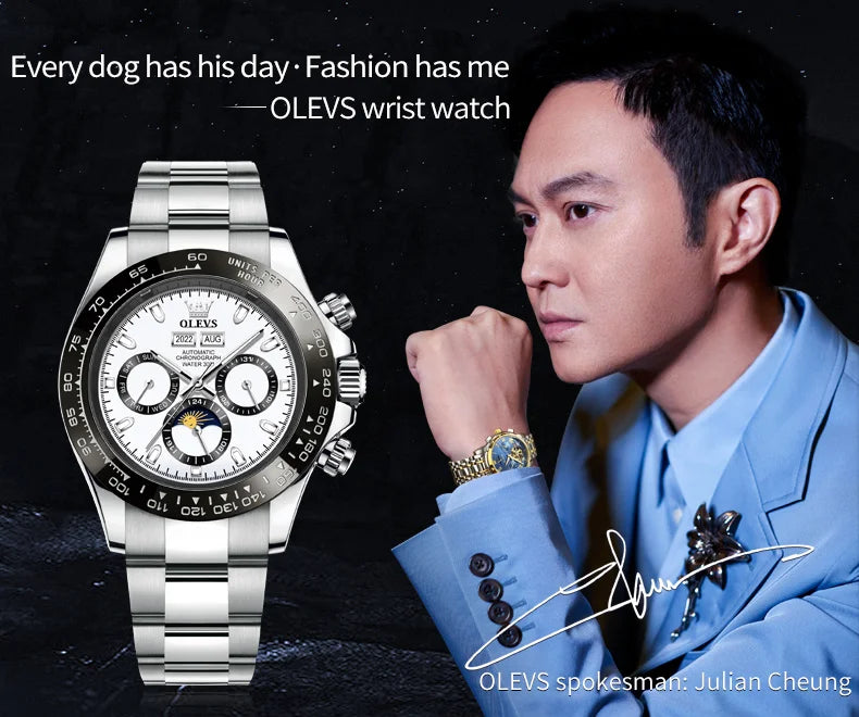 OLEVS 6654 Luxury Brand Original Automatic Man Watch Stainless Steel Waterproof Moon Phase Dual Calendar Mechanical Wristwatches