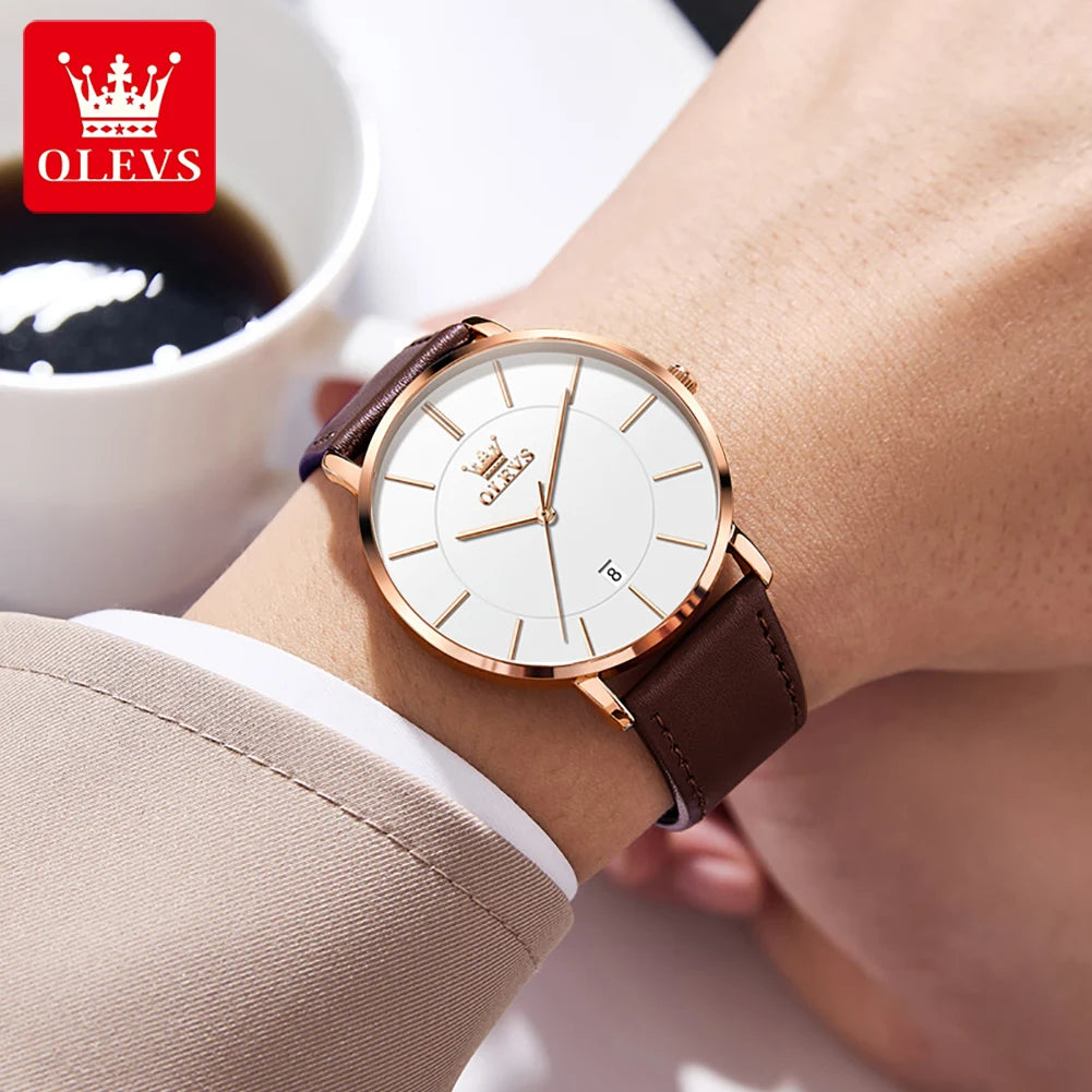 OLEVS 5869 Men's Watches Leather Strap Waterproof Auto Date Man Watch Fashion Simplicity Ultra Thin Quartz Wrist Watch for Men
