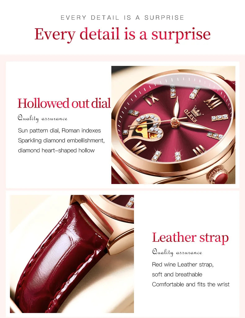 OLEVS 6636 Luxury Women Watch Fully Automatic Hollow Design Diamond Heart Shaped Watch Elegant Mechanical Women Bracelet Watch