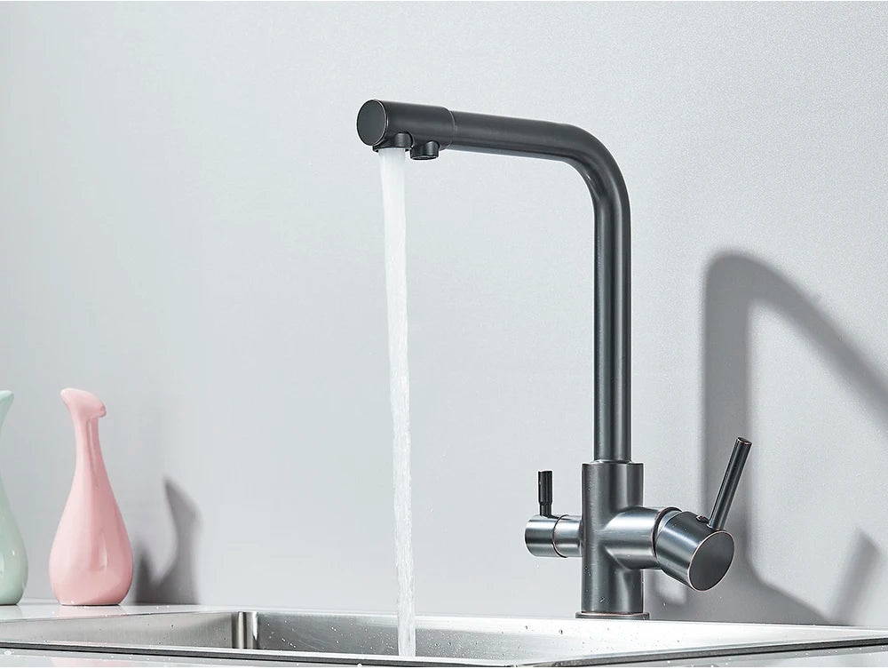 Chrome Purified Water Kitchen Faucet Pure Water Filter Deck Mounted Faucet Crane Dual Handles Hot Cold Water Mixer Taps