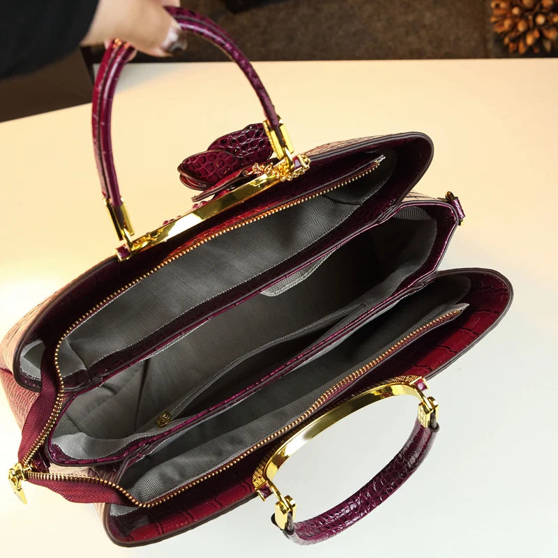 Genuine Leather Women's Handbags Crocodile Pattern Lady Flower Tassel Shoulder Messenger Bag Fashion Wedding Top Handle Bags