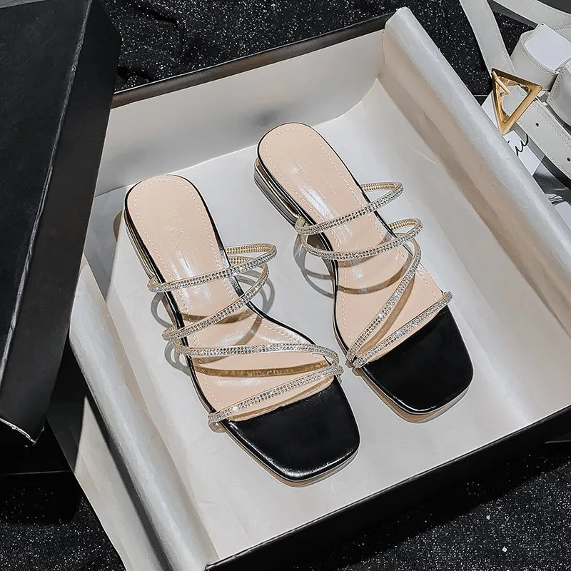 crystal narrow band sandalias mujer low heel clear slippers women rhinestone strap flip flops shiny party shoes big size 43