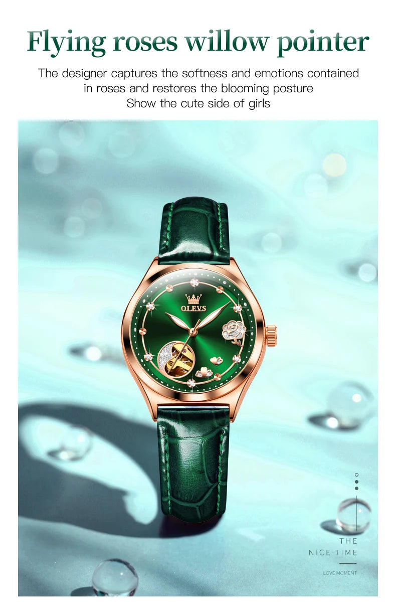 OLEVS 6601 Green Leather Strap Women Watch Automatic Mechanical Movement Waterproof Diamond Fashion Watch