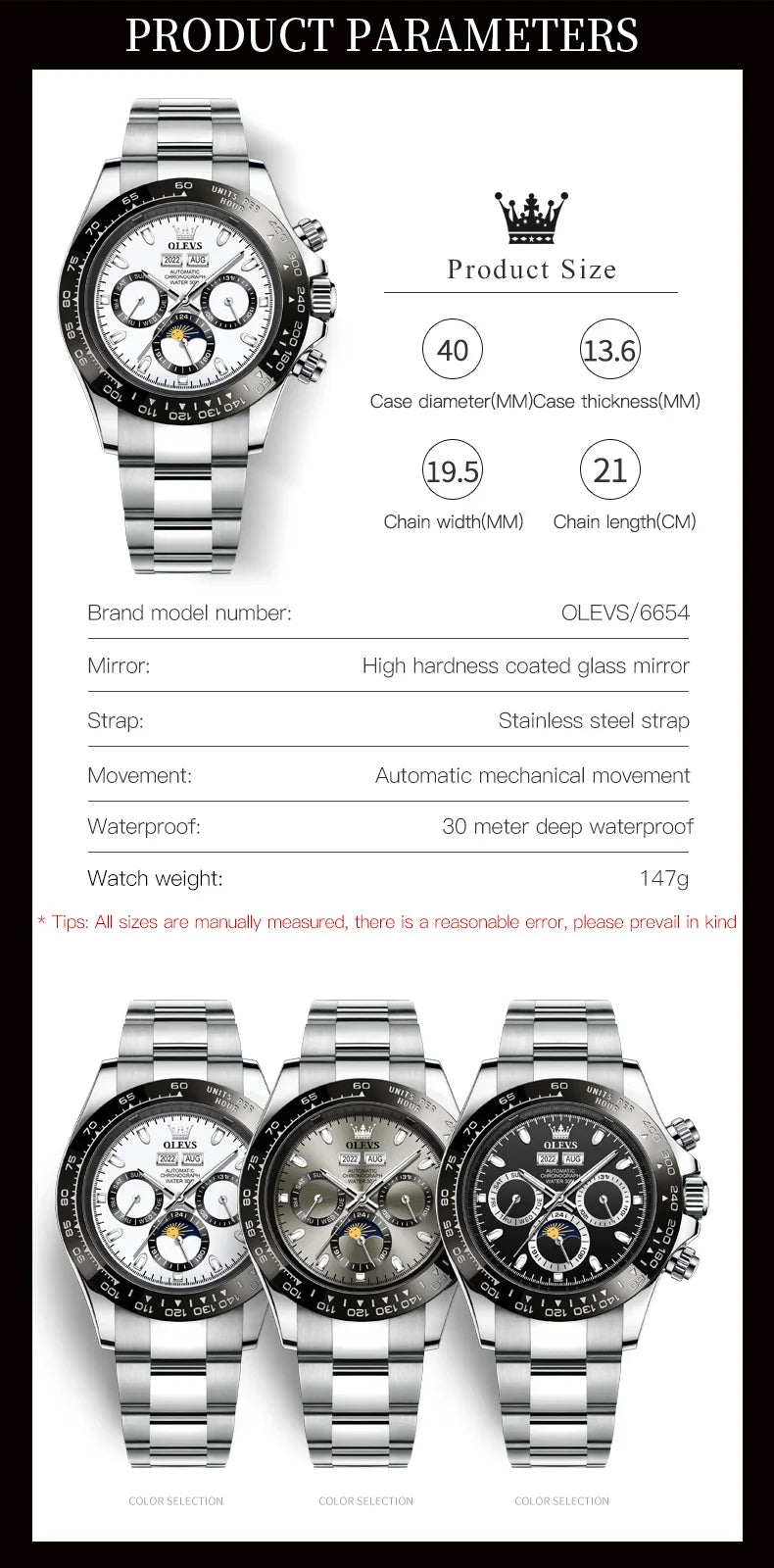 OLEVS 6654 Luxury Brand Original Automatic Man Watch Stainless Steel Waterproof Moon Phase Dual Calendar Mechanical Wristwatches
