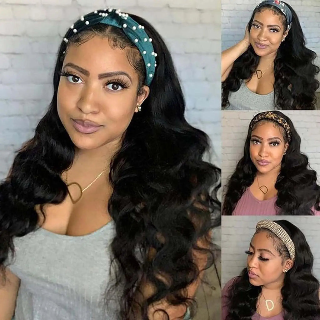 200% Density 20 Inch Body Wave Headband Wig Human Hair for Black Women None Lace Front Wigs Wear And Go Machine Made Headband