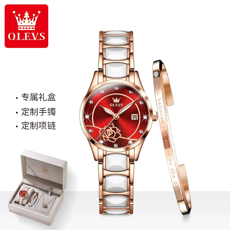 OLEVS Quartz Watch Women Japan Movement Waterproof Stainless Steel Ceramics Women Wristwatch Luxury Ladies watch Set Hot