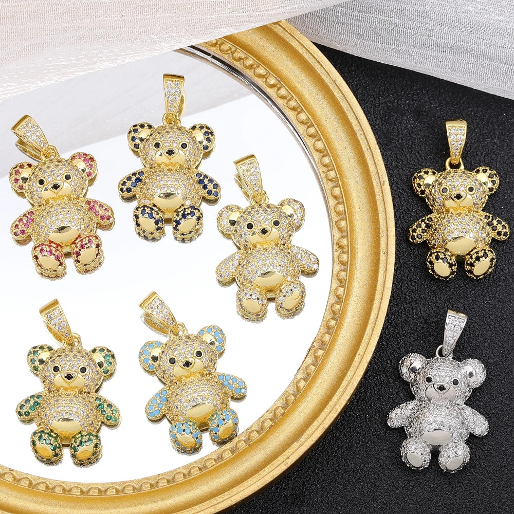 Juya 18K Real Gold Plated Decoration Animal Pendants Cz Bear Charms For DIY Women Kids Luxury Christmas Gift Jewelry Making