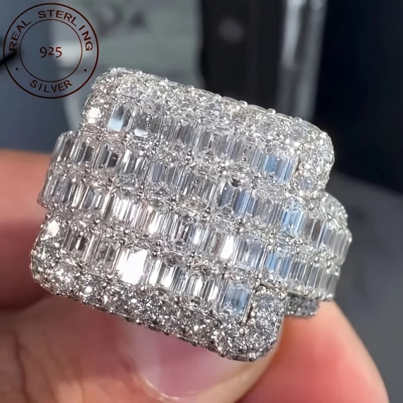 Luxury 925 Sterling Silver Ring Baguette Iced Out Fully Zircon Wedding Band Rings For Men Gift for Him