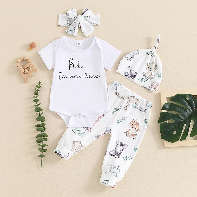 Citgeett Summer Infant Baby Boys Girls Outfits Short Sleeve Animal Print Romper + Pants + Headband + Hat Set Clothes