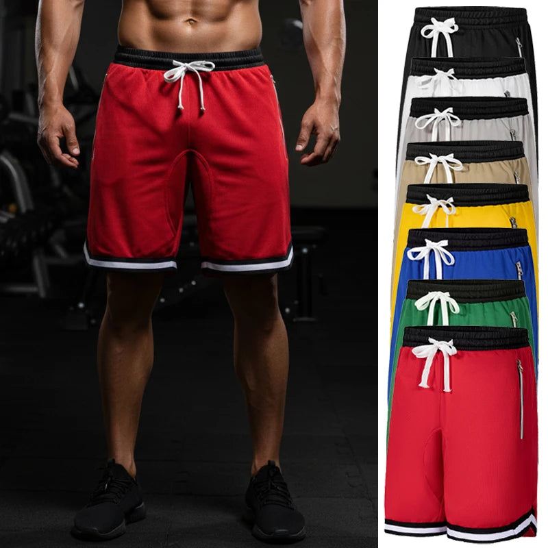 Men's Striped Sporty Shorts with Zipper Pockets Summer Quick-Dry Breathable Shorts for Gym Workout Running Basketball Training