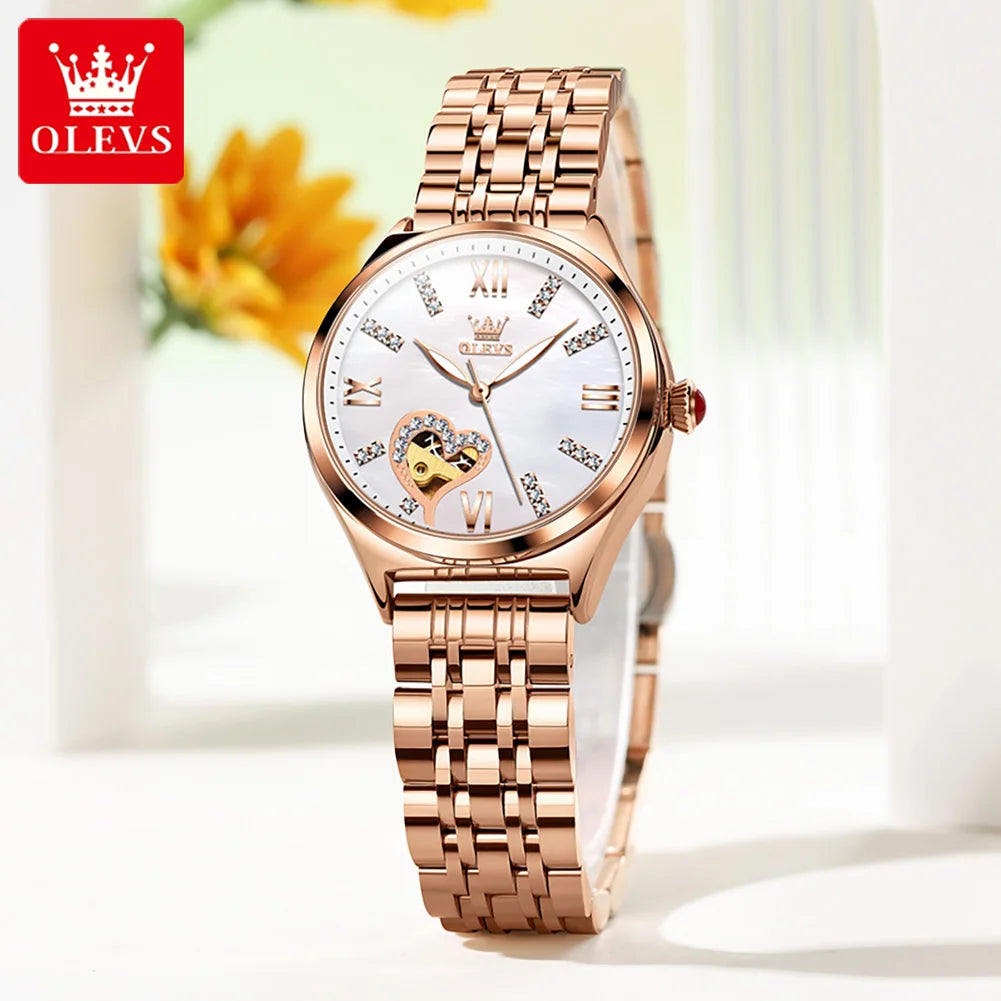 OLEVS Brand 2024 New Fashion Hollow Mechanical Watch for Women Luxury Stainless Steel Strap Waterproof Luminous Womens Watches