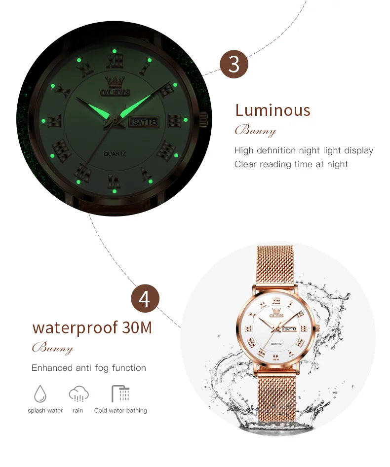 OLEVS 2920 Women's Watch Fashion Original Date Week Display Mesh Strap Roman Dial Luminous Ladies Quartz Wristwatch