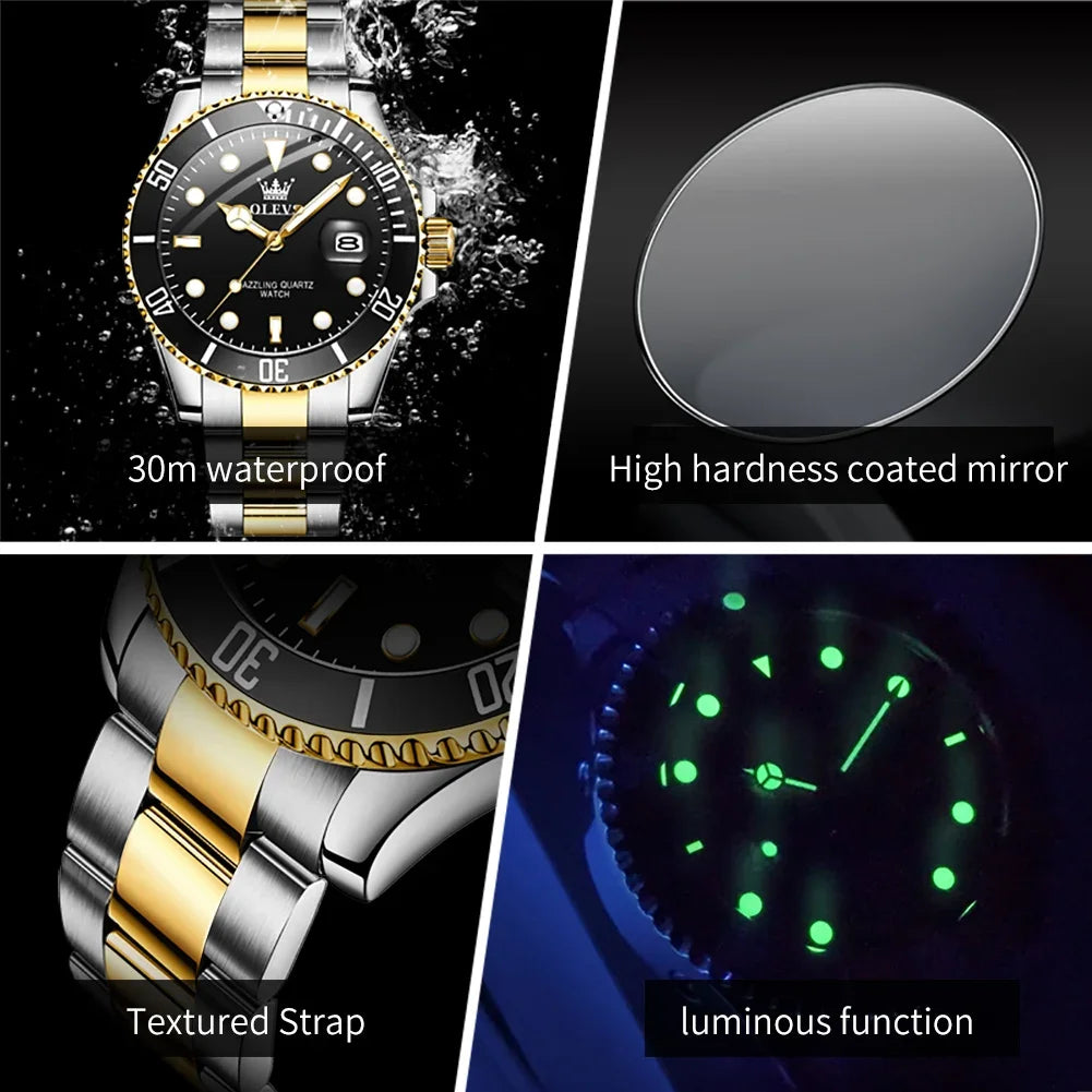 OLEVS 5885 Stainless Steel Calendar Luminous Mens Wristwatch Luxury Stainless Steel Waterproof Quartz Watch for Men Sport Reloj