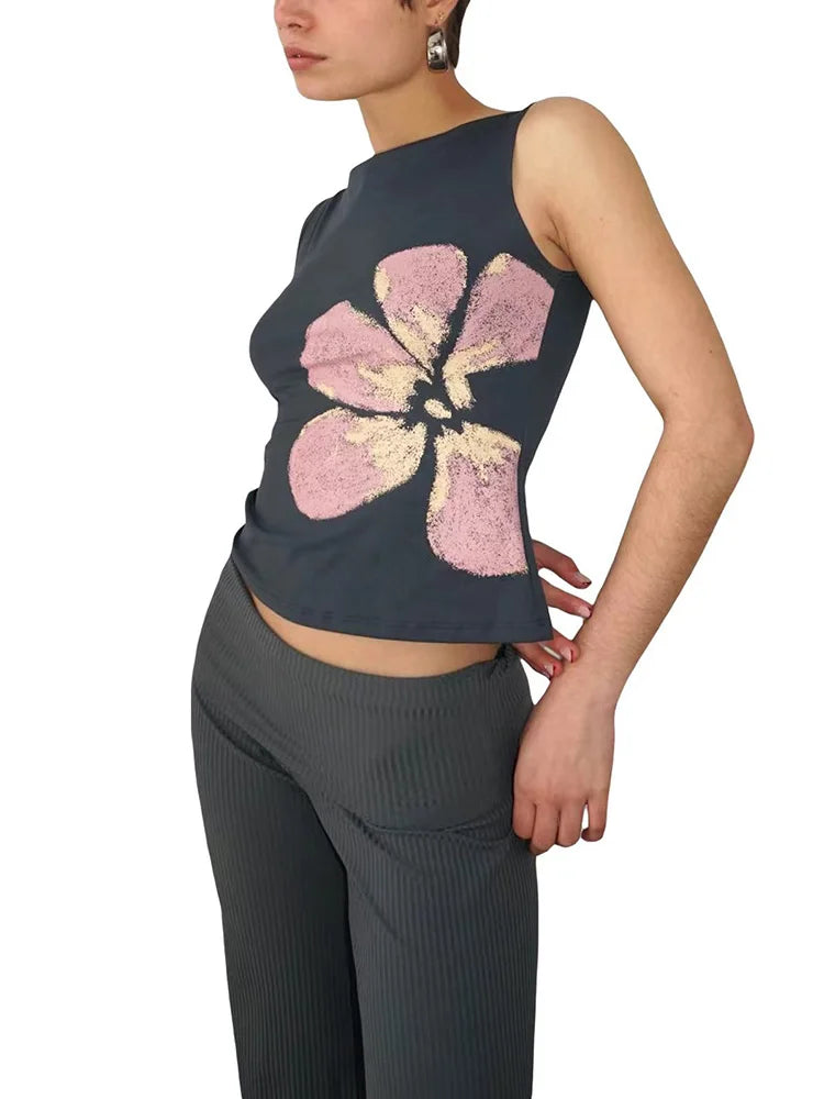 Women's Flower Print Crop Tank Top Fitted Boat Neck Sleeveless Summer Top for Party Club 2025 New Fashion