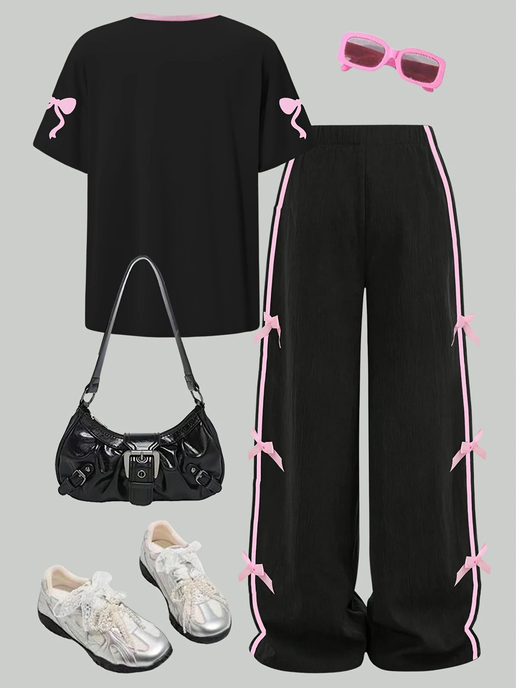 Kids Girls 2-Piece Casual Outfit, Black Pink Number 23 Bow Print Short Sleeve T-Shirt & Side Stripe Bow Decor Wide Leg Pants Set