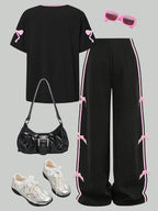 Kids Girls 2-Piece Casual Outfit, Black Pink Number 23 Bow Print Short Sleeve T-Shirt & Side Stripe Bow Decor Wide Leg Pants Set