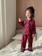 Merry Christmas Kids Pure Cotton Pajamas Set Plaid Print Turn-down Collar Button Shirt Trousers 2 Pieces Suit Homewear Xmas Look