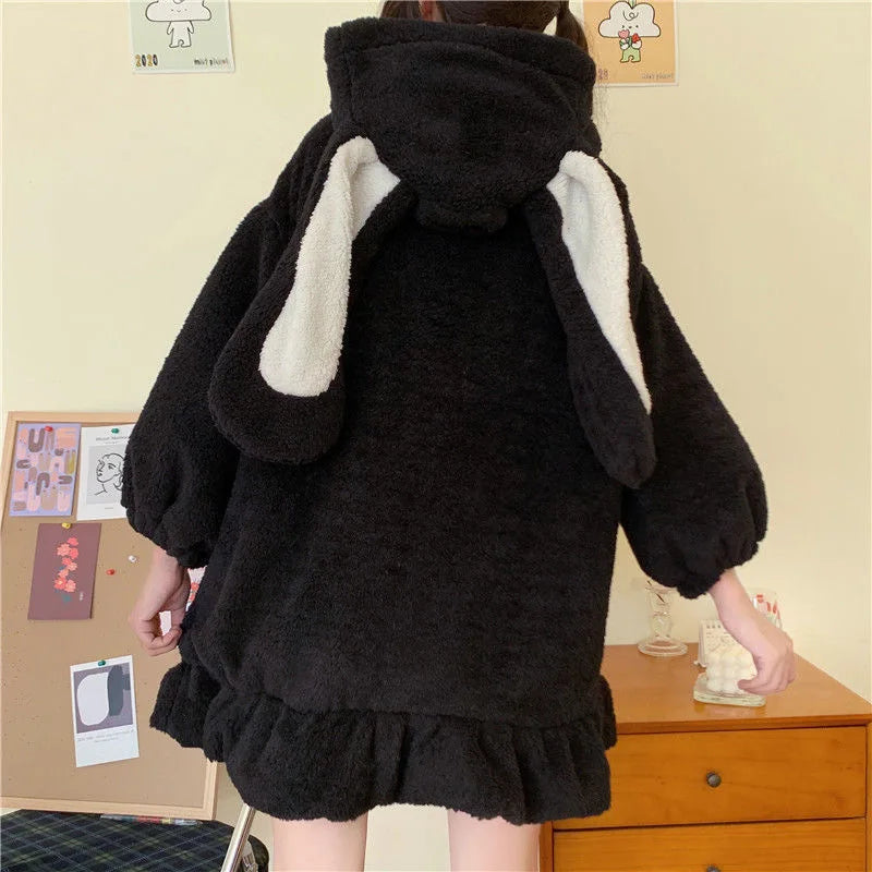 Kawaii Hoodies Women Lolita Winter Warm Lambswool Oversized Sweatshirt Cute Bunny Ears Long Sleeve Zip Up Hooded Fleece Jacket