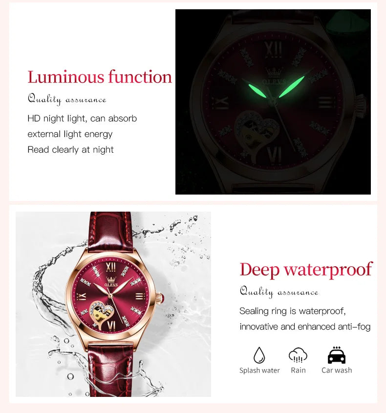 OLEVS 6636 Luxury Women Watch Fully Automatic Hollow Design Diamond Heart Shaped Watch Elegant Mechanical Women Bracelet Watch