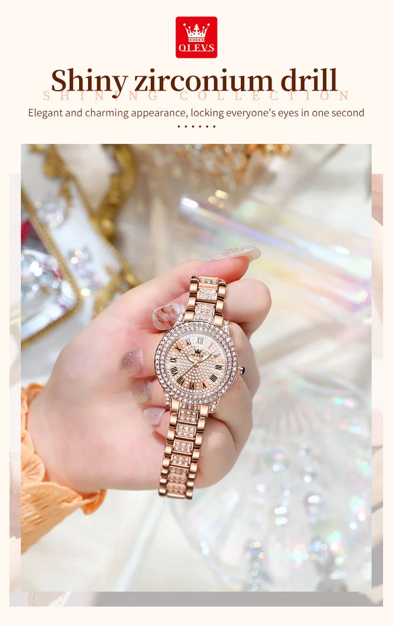 OLEVS 9943 Luxury All Diamond Original Quartz Watch for Women Elegant Rose Gold Stainless Steel Waterproof Ladies Wrist Watches