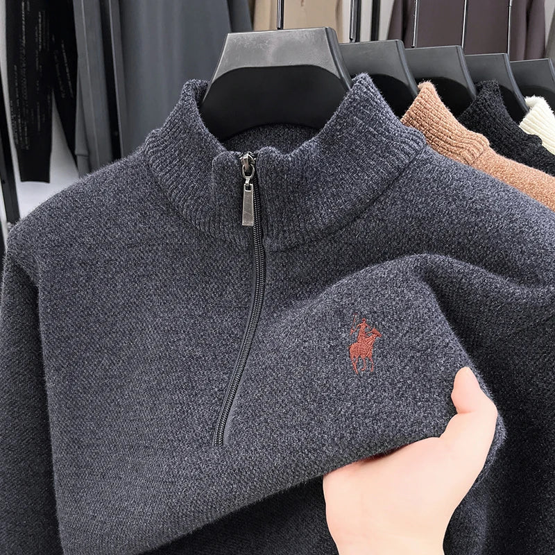 Luxury Quality Men Long-Sleeved Knitwear Mock Neck Half-Zip Thicken Horse Embroidery Spring New Pullover Fashion Casual MensWear