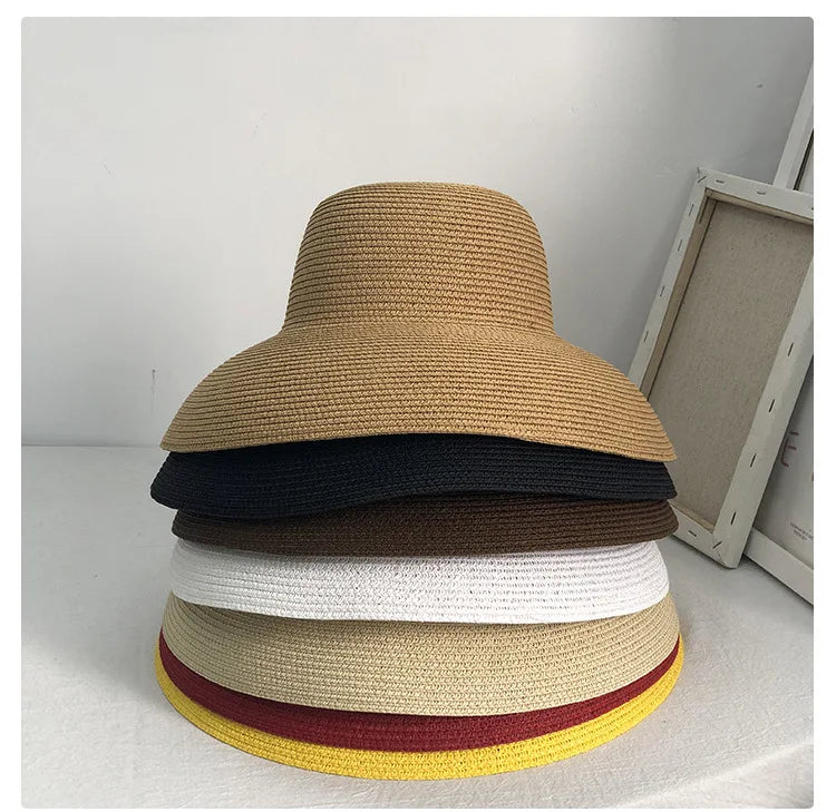 Summer Elegant Dome Straw Hats Women Girl 13cm/8.5cm 2 Sizes Solid Color Beach Sun Hat Foldable Portable Travel Holiday Panama