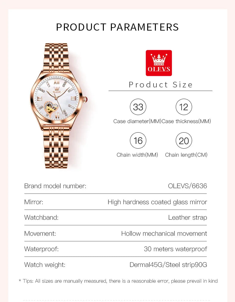 OLEVS Brand 2024 New Fashion Hollow Mechanical Watch for Women Luxury Stainless Steel Strap Waterproof Luminous Womens Watches