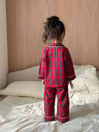 Merry Christmas Kids Pure Cotton Pajamas Set Plaid Print Turn-down Collar Button Shirt Trousers 2 Pieces Suit Homewear Xmas Look