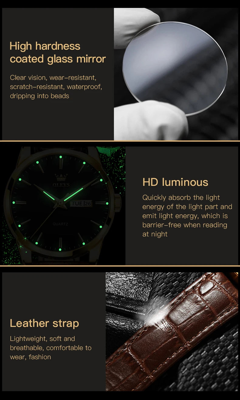 OLVES 6898 Top Brand Men's Watches Original Simple Quartz Wristwatch for Man Waterproof Leather Strap Business Watch Casual