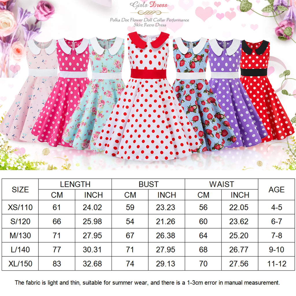LPATTERN Girls' Vintage Rockabilly Dress Party Retro Polka Dot Floral Pattern A-line Dresses Pleated Skirt Knee-Length for 4-10Y