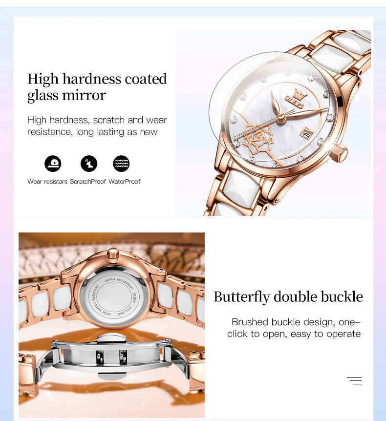 OLEVS Quartz Watch Women Japan Movement Waterproof Stainless Steel Ceramics Women Wristwatch Luxury Ladies watch Set Hot