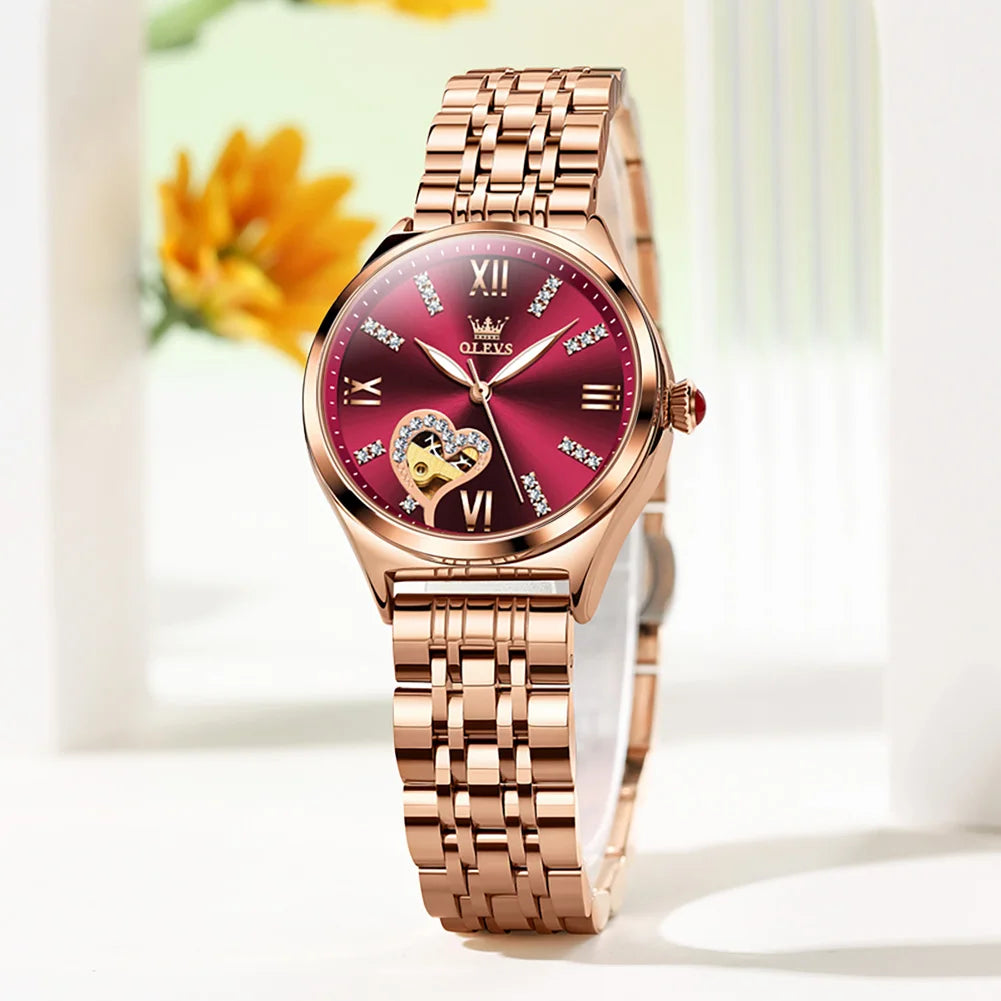 2026 New OLEVS Rose Gold Steel Women's Watches Luxury Brands Automatic Mechanical Watch For Women Fashion reloj para mujer
