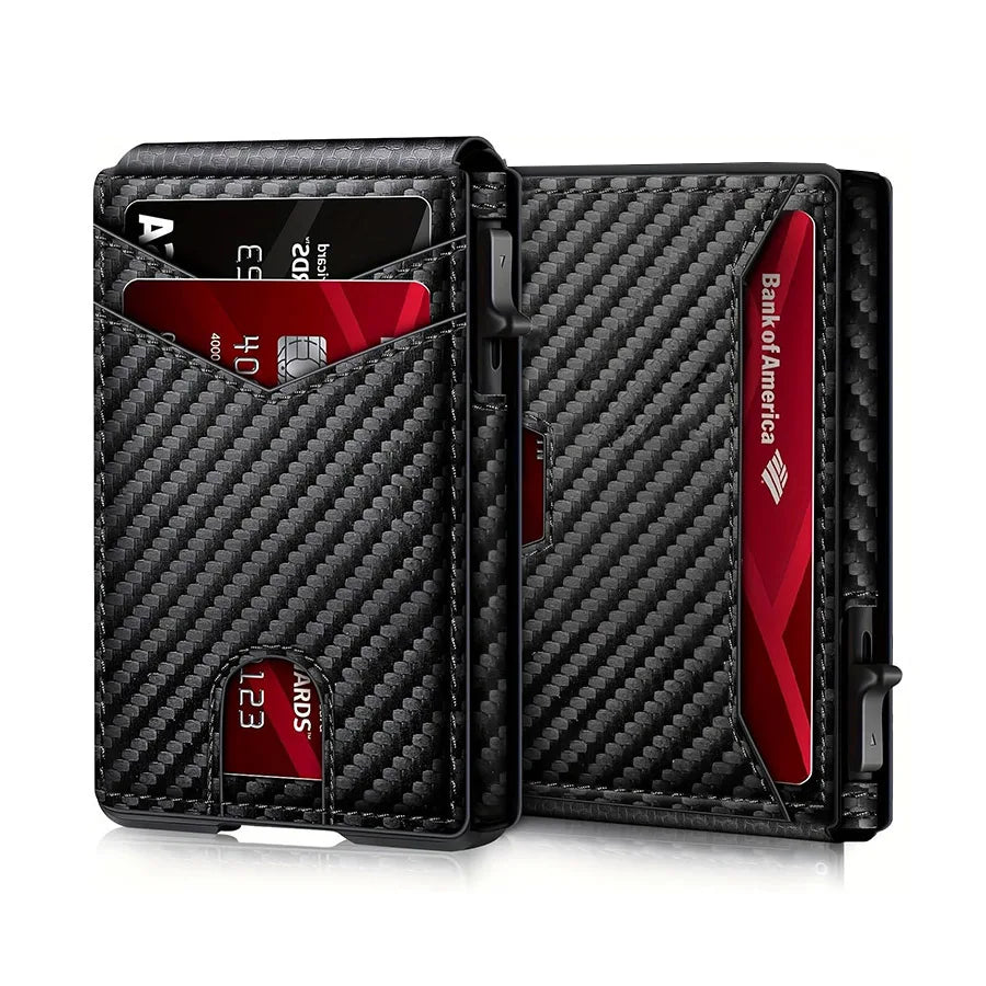Men Carbon Fiber RFID Pop‑Up Credit Card Holder Magnetic Closure Slim Wallet With ID Window External Card Pocket