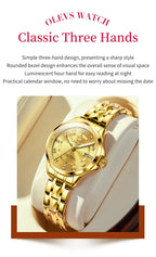 OLEVS 2910 Gold Luxury Brand Women's Watches Waterproof Luminous Wristwatch Date Original Certified Brand Quartz Watch for Lady