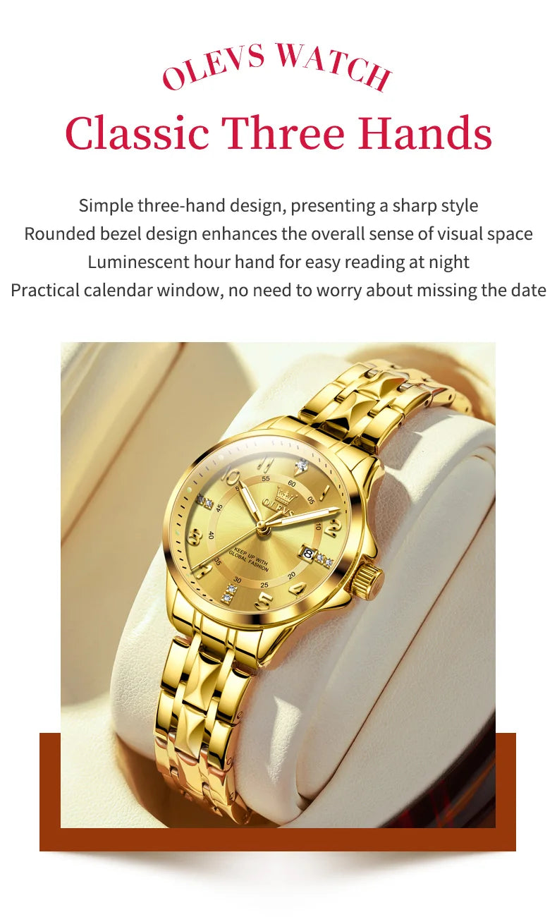 OLEVS 2910 Gold Luxury Brand Women's Watches Waterproof Luminous Wristwatch Date Original Certified Brand Quartz Watch for Lady