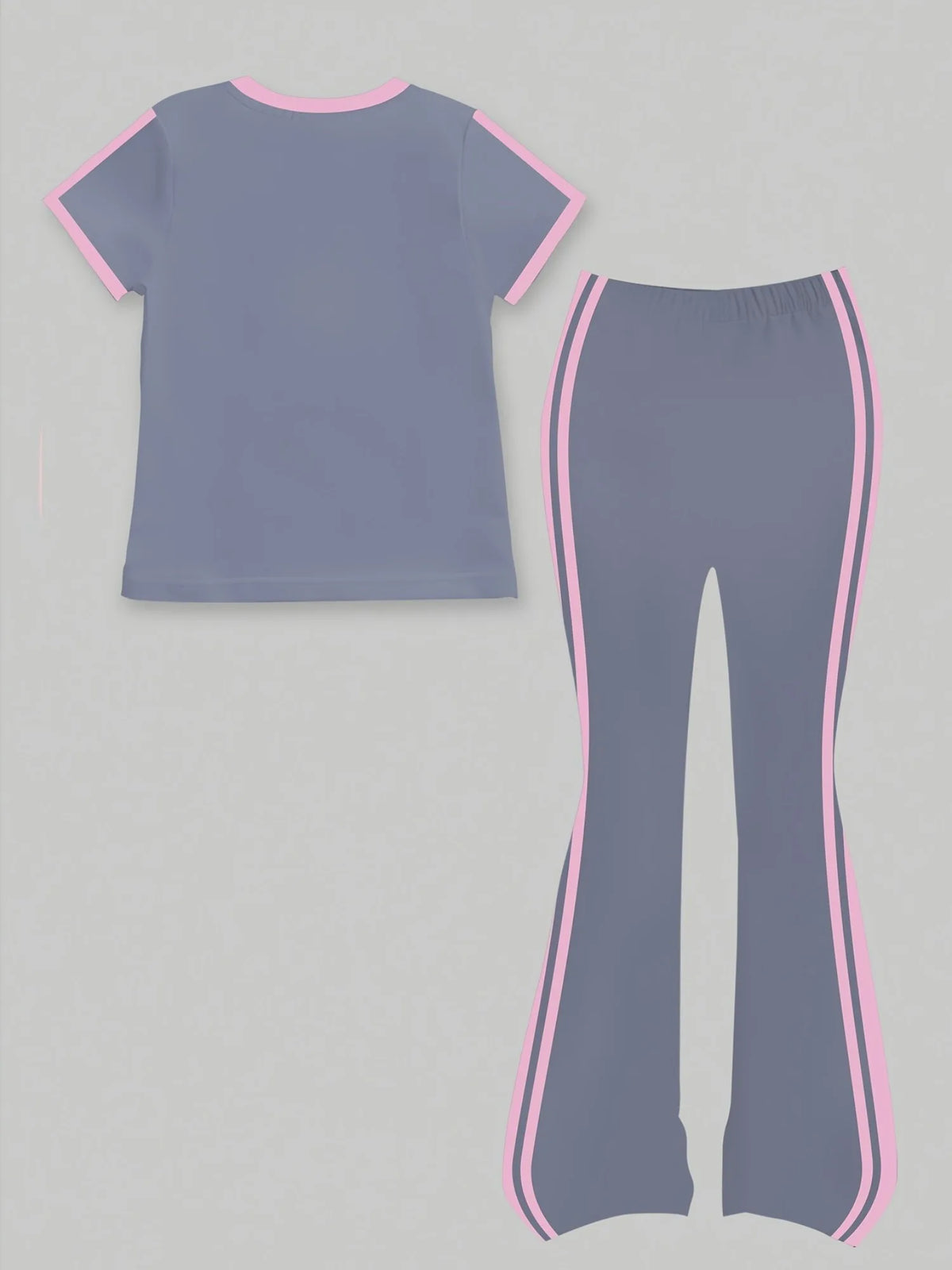 Trendy Girls 2Pcs Sweet Co-Ord Outfit, Grey Pink Ribbon Embroidery Short Sleeve Top, Dual Side Strip Flared Trousers for Daily K