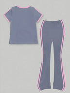 Trendy Girls 2Pcs Sweet Co-Ord Outfit, Grey Pink Ribbon Embroidery Short Sleeve Top, Dual Side Strip Flared Trousers for Daily K
