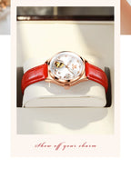 OLEVS Fashion Women Mechanical Watches Bracelets and Necklaces Set Leather Strap Luxury Hollow Ladies WristWatches Reloj Mujer