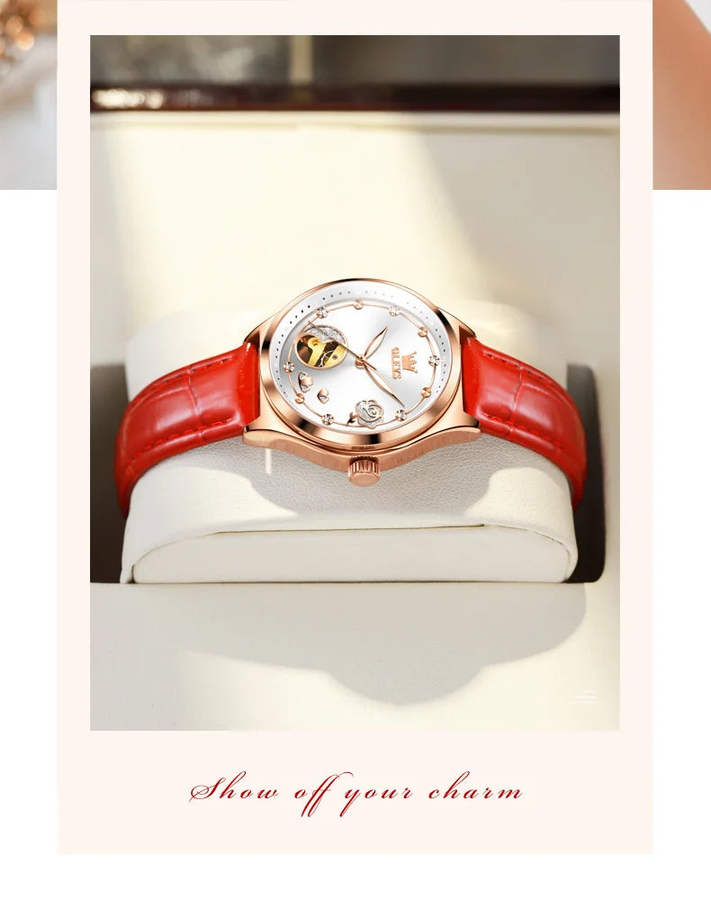 OLEVS Fashion Women Mechanical Watches Bracelets and Necklaces Set Leather Strap Luxury Hollow Ladies WristWatches Reloj Mujer
