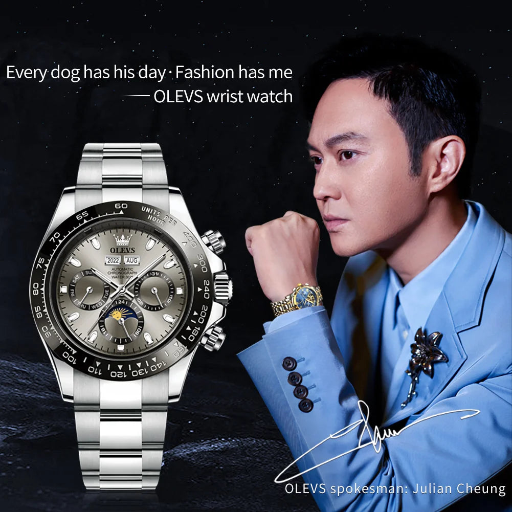 OLEVS 6654 Mens Watch Fashion Chronograph Automatic Mechanical Wristwatch Waterproof Luminous Function Top Brand Watch for Man