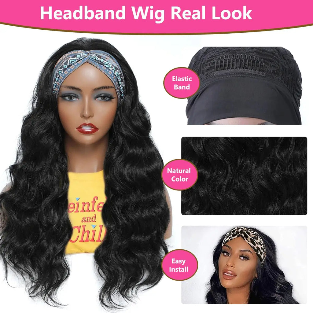 200% Density 20 Inch Body Wave Headband Wig Human Hair for Black Women None Lace Front Wigs Wear And Go Machine Made Headband
