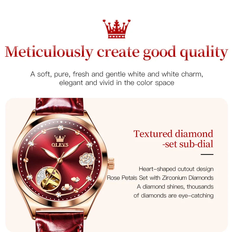 OLEVS Fashion Women Mechanical Watches Bracelets and Necklaces Set Leather Strap Luxury Hollow Ladies WristWatches Reloj Mujer