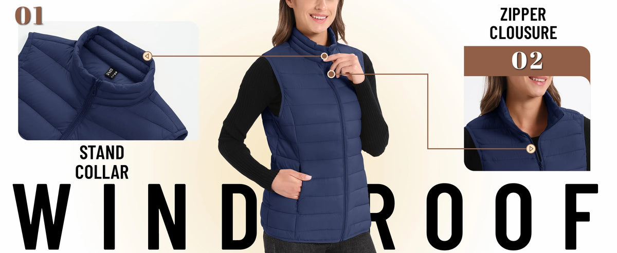 TACVASEN Puffer Padded Stand Collar Zip-up Vests Womens Warm Sleeveless Outdoor Waistcoats Quilted Lightweight Outwear Jackets