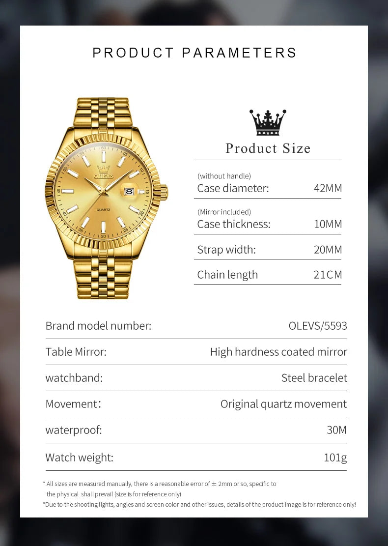 OLEVS 5593 Original Quatz Watch For Men Luxury Top Brand Stainless Steel Waterproof Auto Date HD Luminous Luxury Man Watch
