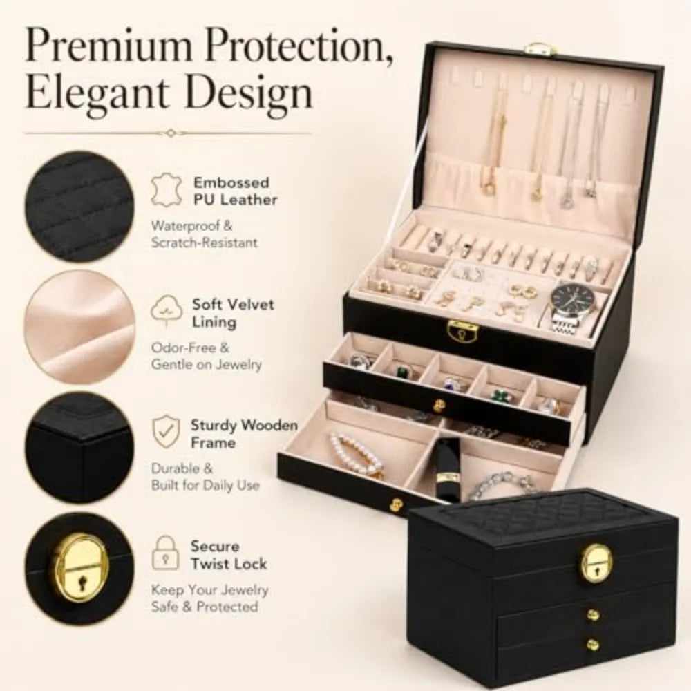 Large Lockable PU Leather Jewelry Box with Drawers, Multi Compartment Necklace Ring Watch Storage Organizer Gift Case for Women