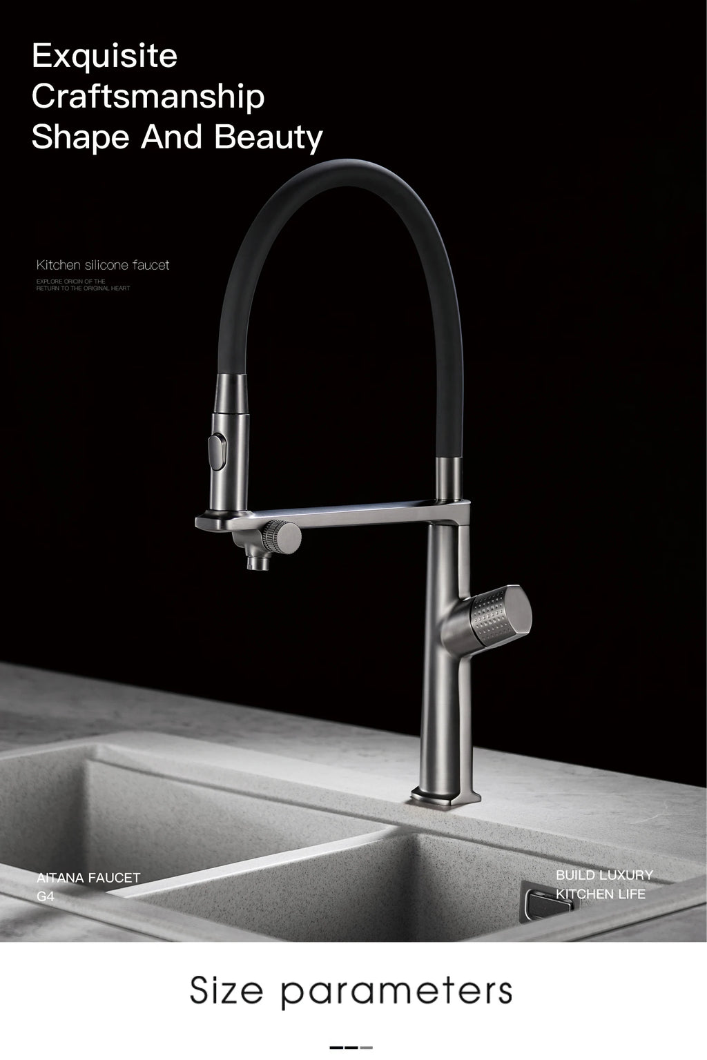 Luxury Gun Gray Brass Kitchen Faucet 1 Hole Double Handle Cold and Hot Dual Control, with Filtered Water Two Function Sink Tap